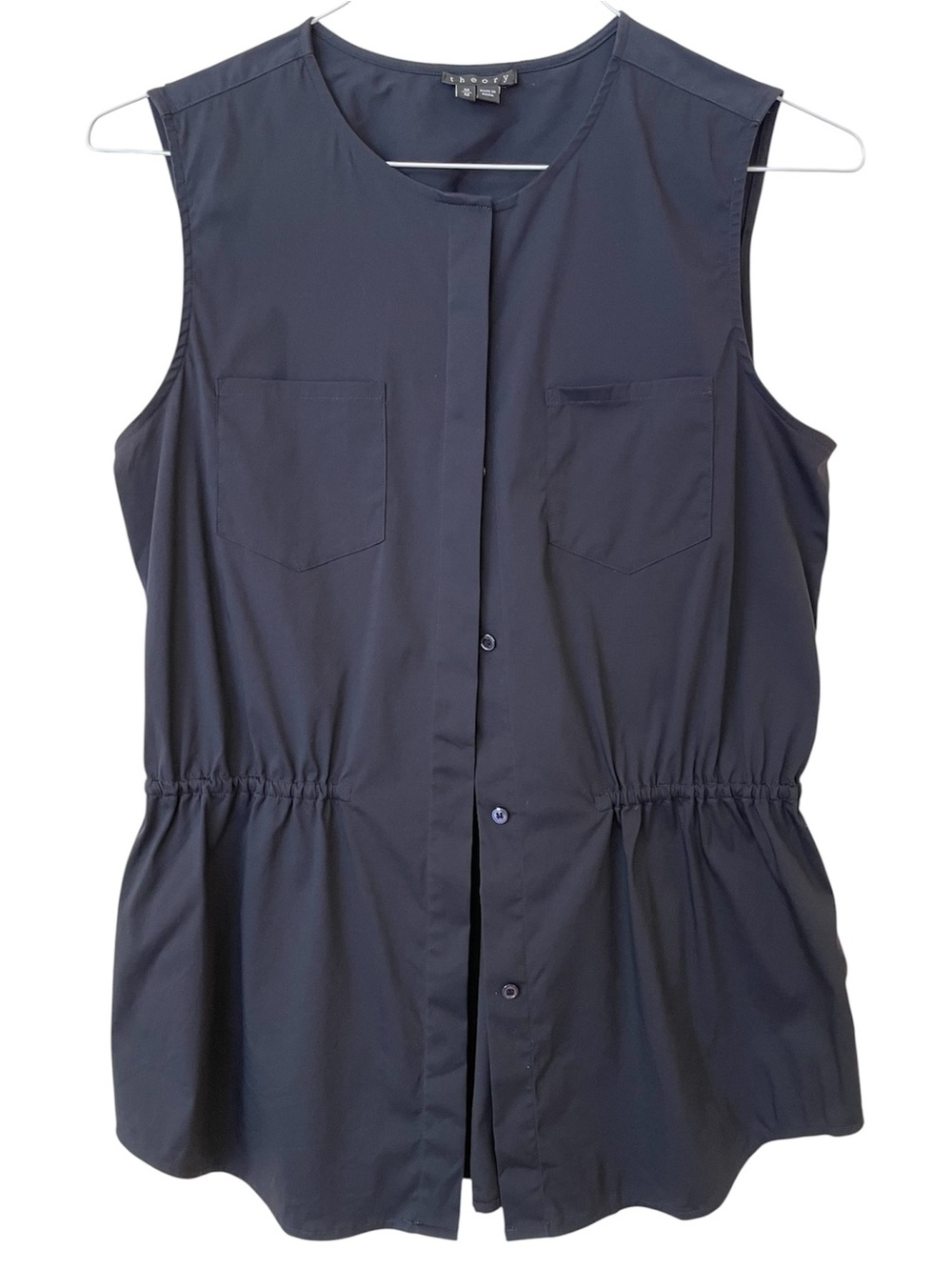 Theory Button Front Vest M Navy Sleeveless Blouse Minimalist Comfort Stretch